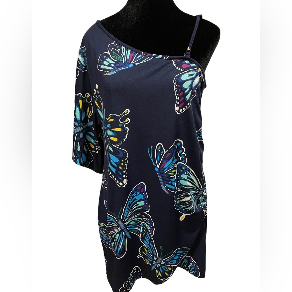 Avon Y2K Vibrant Butterfly One Sleeve Ruched Coverup Swimsuit Mini Dress Blouse